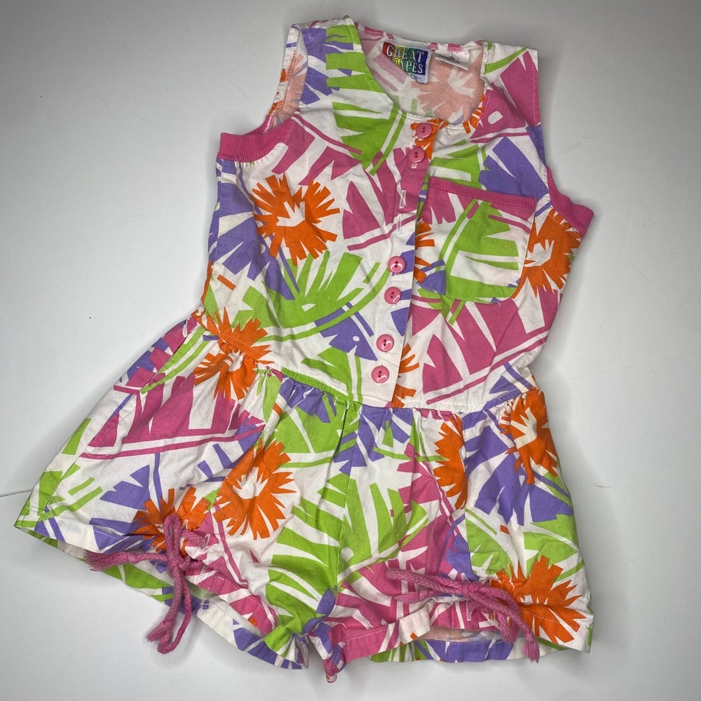 Great Shapes Kids Girls Tropical Floral‎ Print Romper Jumper Size 7 Vintage